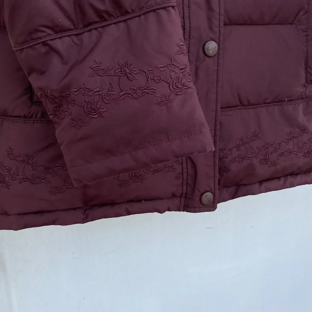 Down Puffer Jacket  Maroon Burgundy Embroidered Coat with Fur Trim - Picture 3 of 15
